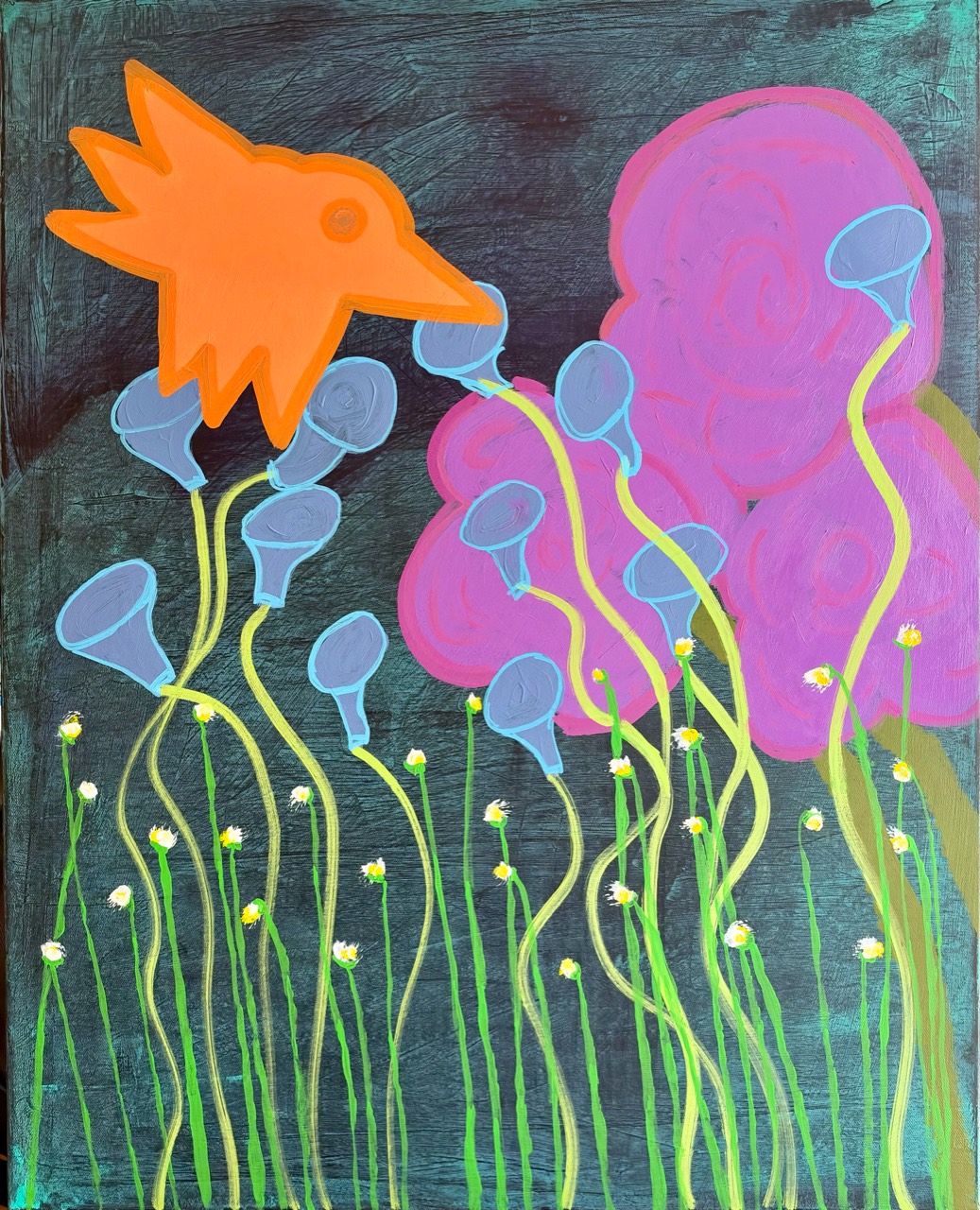The Sun Came Down to Listen. An orange bird leans toward blue trumpet-shaped flowers above tall green stems and small white blossoms, with purple mountains against a dark textured background.