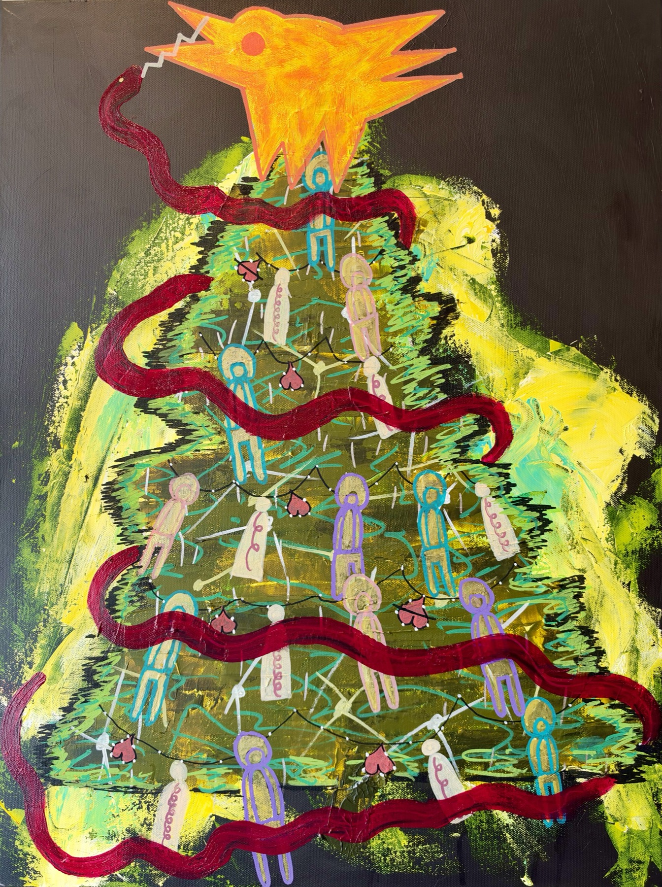 Warmth. A glowing green and yellow holiday tree against a dark background, decorated with colorful human figures and pink hearts, wrapped in a red serpent and topped by an orange bird.