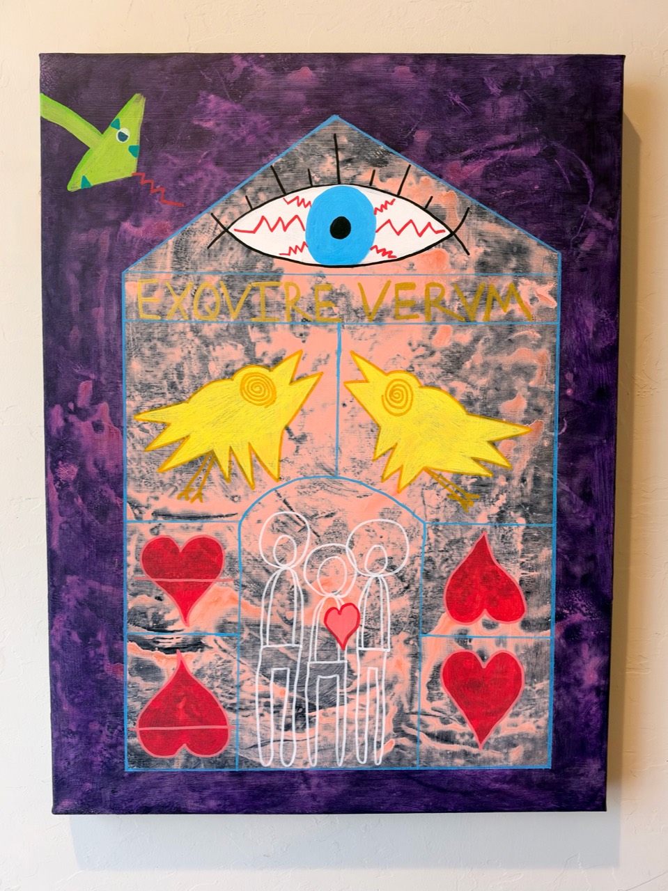 Where the Heart Is. A purple-framed house with an eye, two yellow birds, red hearts and three white-outlined family figures, surrounded by a green snake painted around the canvas edges.
