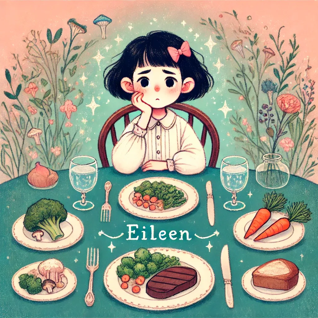 A whimsical, magical children's fantasy illustration in a hand-drawn style depicting Eileen, an East Asian girl with short black hair, sitting disappointed at a dinner table. The table features plates filled only with typical dinner foods such as broccoli, carrots, steak, and bread, but absolutely no sweets or desserts. Eileen looks mildly disappointed, resting her chin in her hand and gazing wistfully, clearly dreaming of something sweeter. Maintain a soft, inviting pastel palette consistent with a children's storybook.