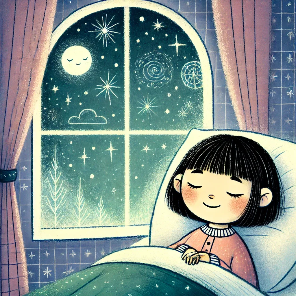 A whimsical, magical children's fantasy illustration in a hand-drawn style featuring Eileen, an East Asian girl with short black hair, peacefully dreaming in bed. She's tucked comfortably under cozy blankets, with a serene and hopeful expression. Through her window, a gentle night sky filled with stars and a soft glowing moon is visible, suggesting magical possibilities. Maintain a dreamy, inviting pastel palette consistent with the storybook style.