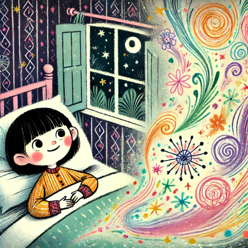A whimsical, magical children's fantasy illustration in a hand-drawn style. Eileen, an East Asian girl with short black hair, lies in bed with wide, curious eyes as gentle magic swirls around her room. Vibrant, colorful sprinkles and swirls of magic softly drift through the air, illuminated by the moonlight coming through the window. The scene should feel enchanting, playful, and full of possibility, maintaining a dreamy and inviting pastel palette consistent with the children's storybook style.
