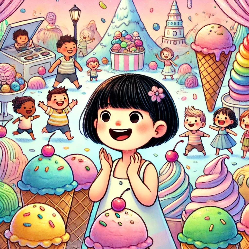 A whimsical, magical children's fantasy illustration in a hand-drawn style. Eileen, an East Asian girl with short black hair, stands delighted and amazed in a magical world filled with vibrant ice cream landscapes and food items creatively transformed into sweet desserts. Behind her, joyful children of various ethnicities celebrate, laugh, and play in this sugary paradise. Maintain a soft, inviting pastel color palette consistent with the children's storybook theme.