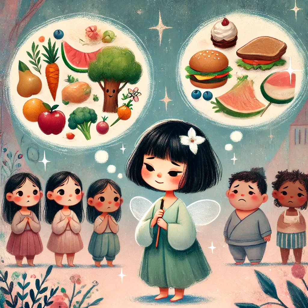 A whimsical, magical children's fantasy illustration in a hand-drawn style showing Eileen, an East Asian girl with short black hair, dreaming hopefully of healthy, nutritious foods like fruits, vegetables, and balanced meals. In the background, diverse children appear sad or weary, clearly reflecting their regret over consuming too many sweets. The setting is magical and gentle, using soft pastel tones to convey a lesson about balance and healthy eating.