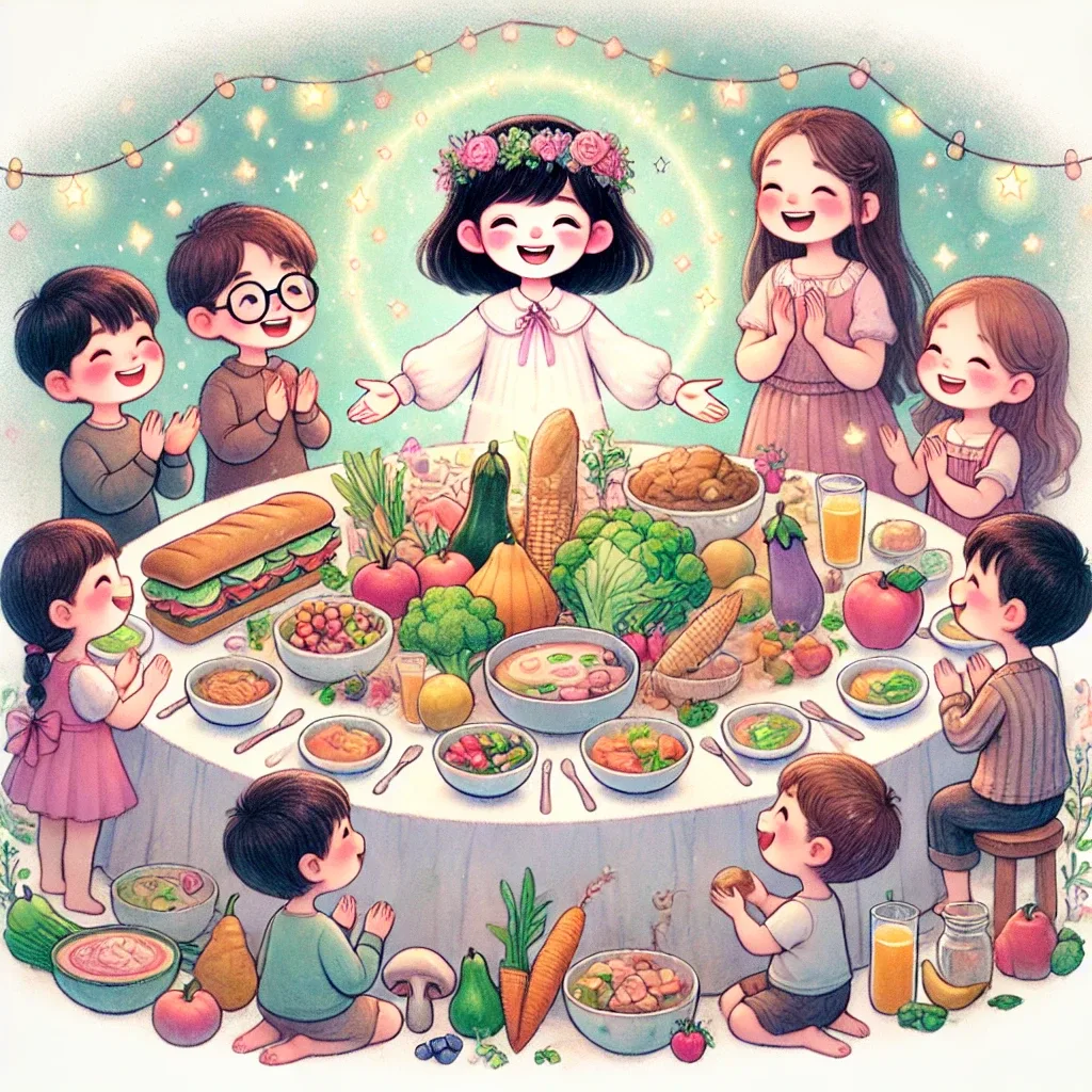 A whimsical, magical children's fantasy illustration in a hand-drawn style. Diverse children, including Eileen, an East Asian girl with short black hair, gather joyfully around a large, inviting table filled with nutritious, healthy foods like fruits, vegetables, soups, sandwiches, and salads. The scene radiates happiness, balance, and celebration, depicted with a gentle, magical atmosphere in soft pastel colors consistent with a children's storybook.